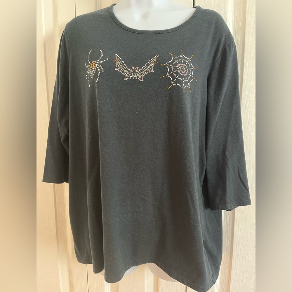 Coral Bay Rhinestone  Bat, Spider, and SpiderWebb Black LS Halloween Tee Sz XL
